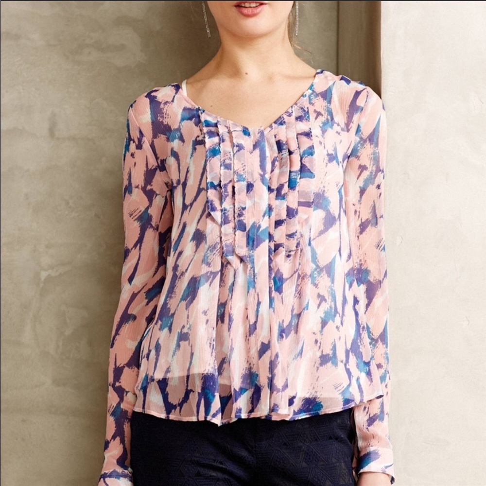 Maeve Anthropologie Pink Painted Silk Blouse